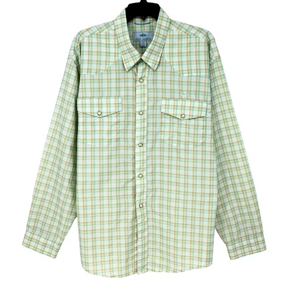 Fish Hippie Shirt Mens XL Green Ivory Plaid Pearl Snaps Pockets Casual Resort - Picture 1 of 12